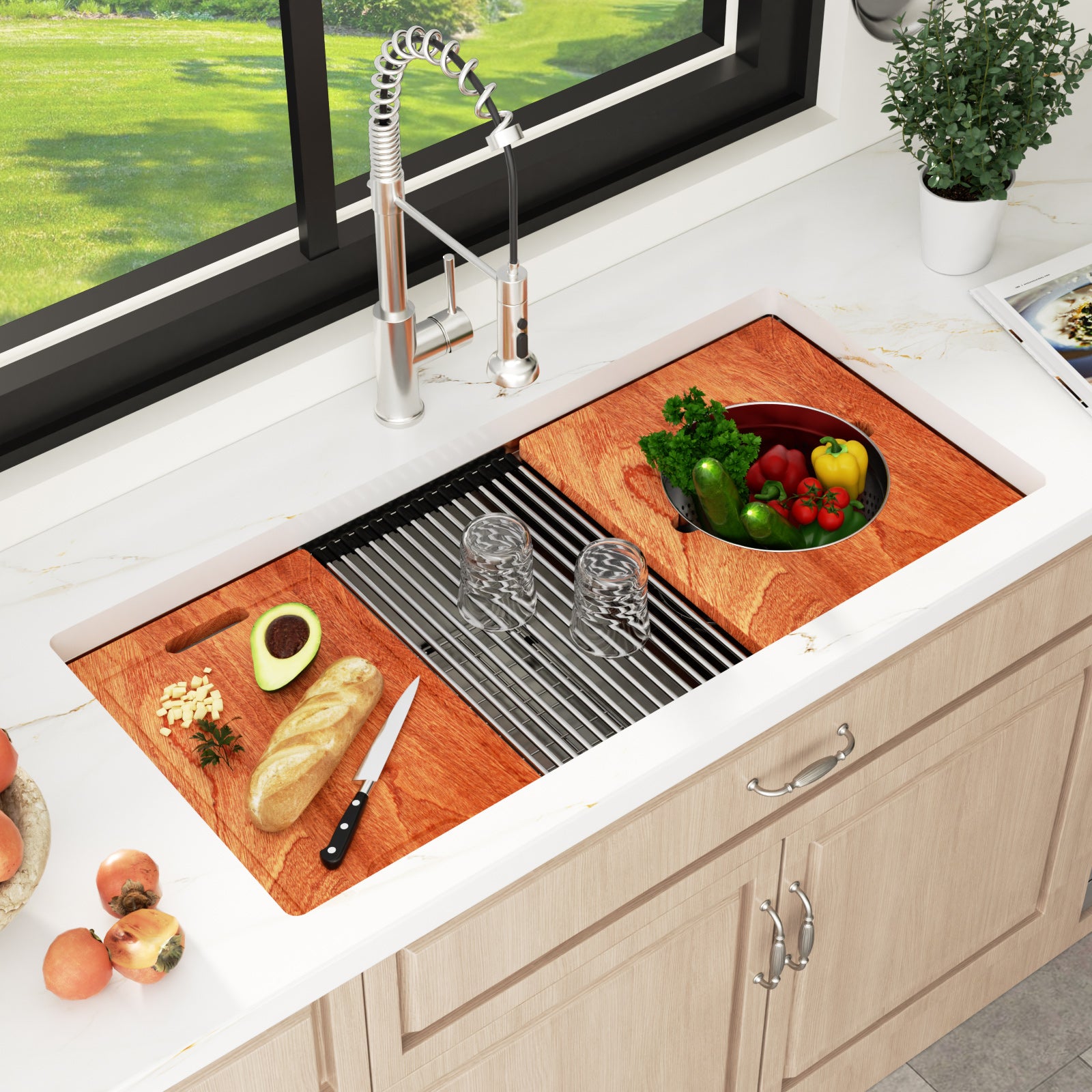 Sarlai 39'' Low Divider Undermount Kitchen Sink - 16G Stainless Steel 60/40 Double Basin Workstation with Salad Prep Bowls