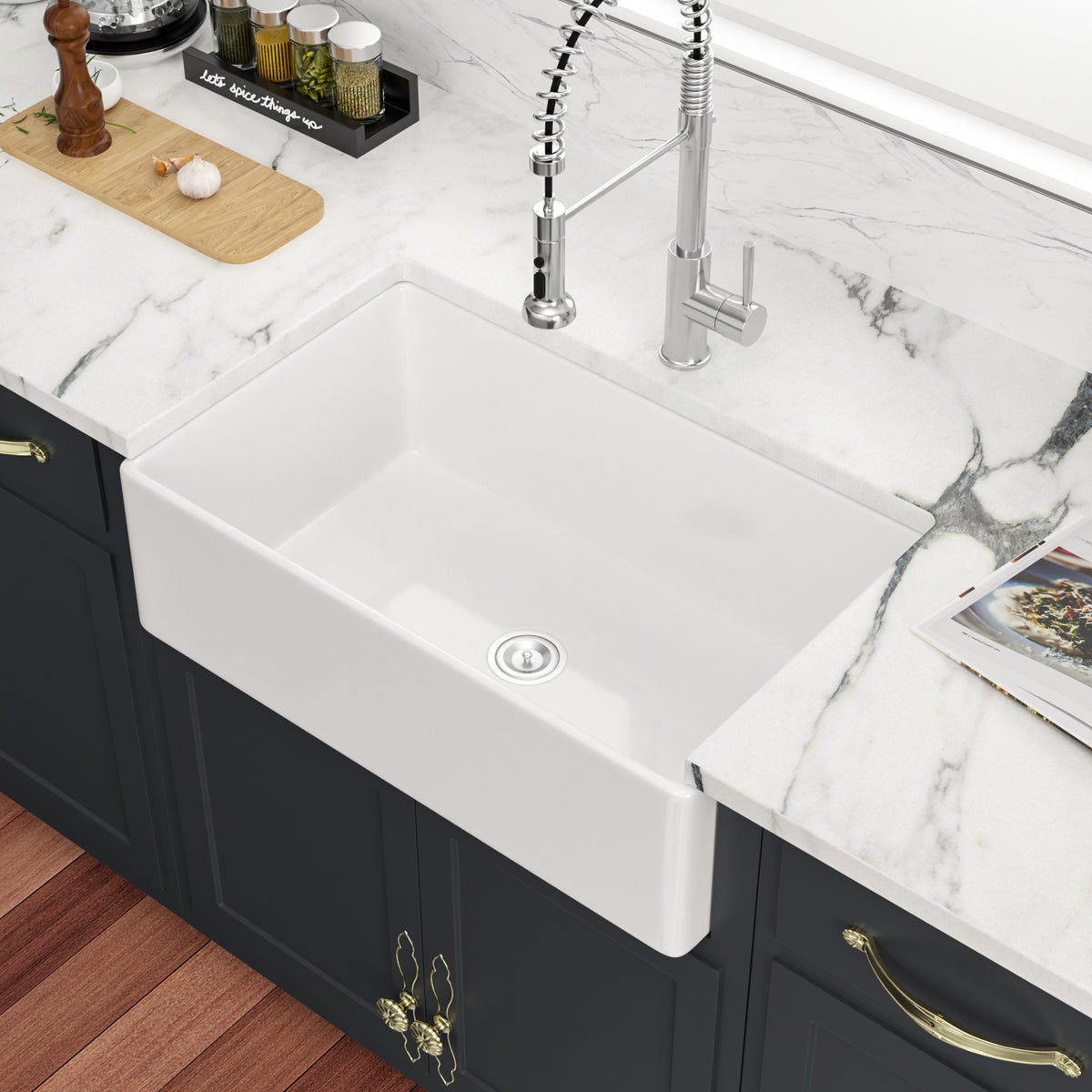 Sarlai 36''x20'' Reversible Apron Front White Fireclay Farmhouse Sink, Single Bowl Vitreous Porcelain Farm Kitchen Basin