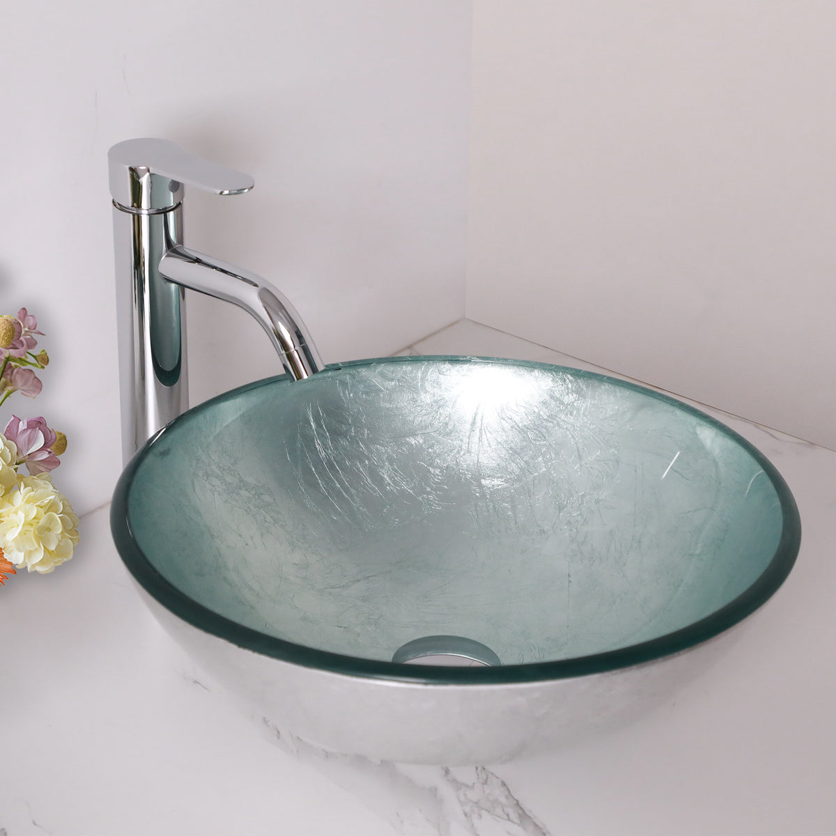 Sarlai 16 Inch Round Silver Foil Tempered Glass Vessel Sink Above Counter Bathroom Basin