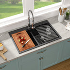 Sarlai 33" Drop-In Black Quartz Composite Workstation Kitchen Sink - 50/50 Double Bowl Low Divide Drop-In Topmount Granite Kitchen Sink with Cutting Board