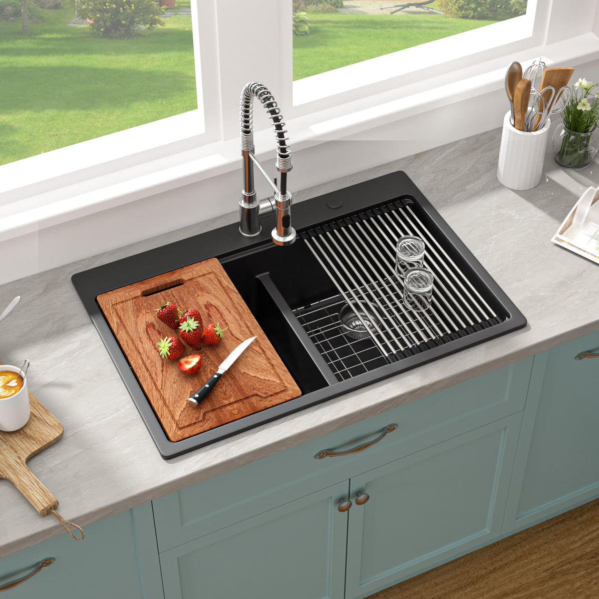 Sarlai 33" Drop-In Black Quartz Composite Workstation Kitchen Sink - 50/50 Double Bowl Low Divide Drop-In Topmount Granite Kitchen Sink with Cutting Board