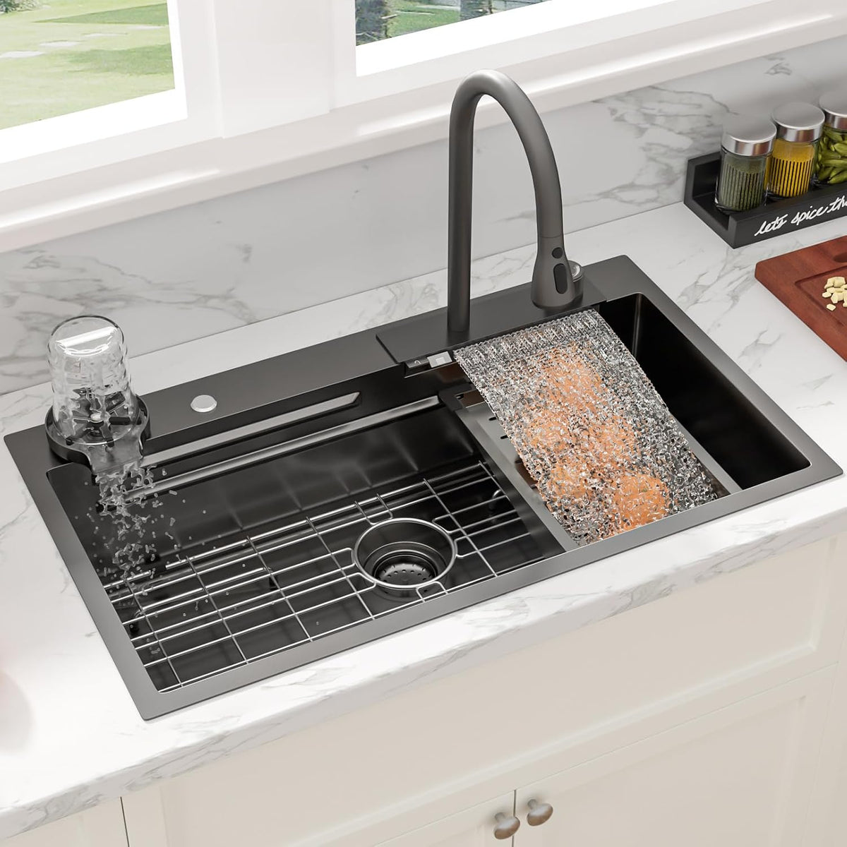 Sarlai 33 Inch Gunmetal Black Waterfall Workstation Drop In Kitchen Sink with Faucet & Glass Rinser