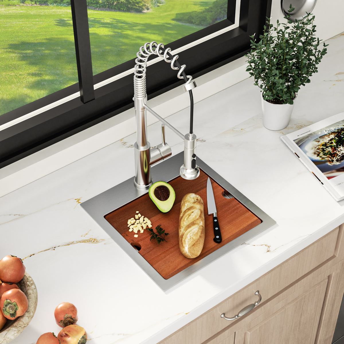 Sarlai 15''x15'' Drop In Workstation Bar Sink 16 Gauge SUS304 Stainless Steel Single Bowl Topmount Prep Sink with Accessories
