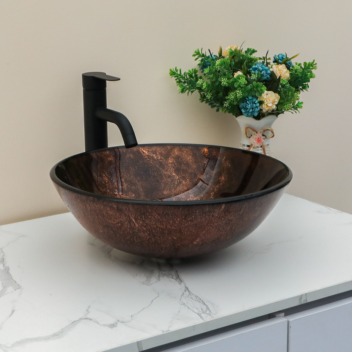 Sarlai 16.5''x16.5'' Round Brown Tempered Glass Vessel Sink Combo Black Faucet & Pop Up Drain