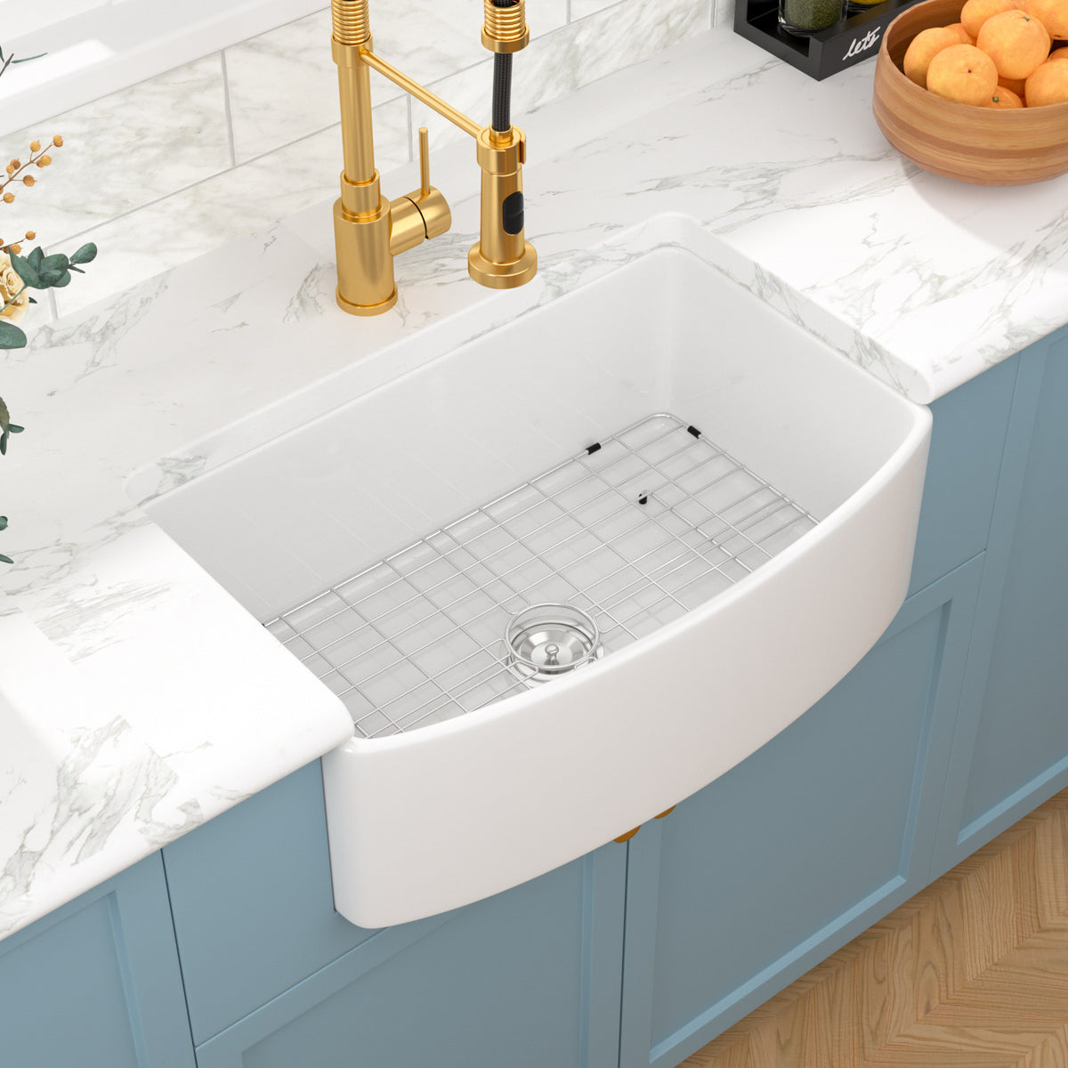 Sarlai 30''x19'' White Curved Apron Front Fireclay Farmhouse Kitchen Sink Single Bowl Porcelain Ceramic Farm Kitchen Basin