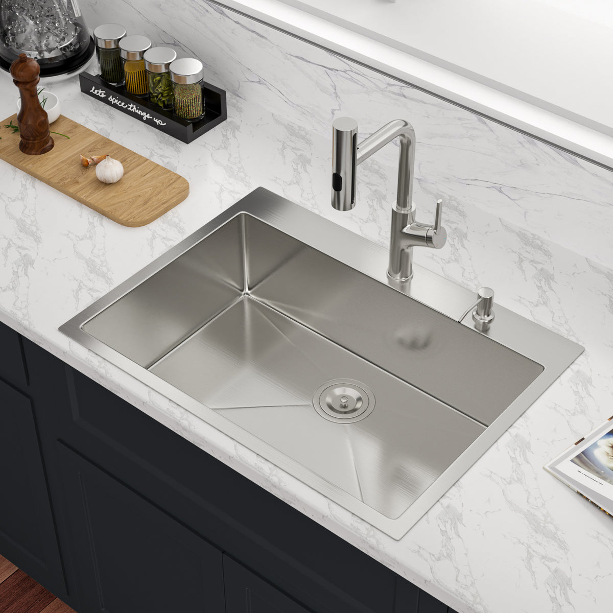 Sarlai 33'' x 22'' Drop In Workstation Kitchen Sink Single Bowl 16 Gauge SUS304 Stainless Steel Topmount Sink with Pull Out Faucet
