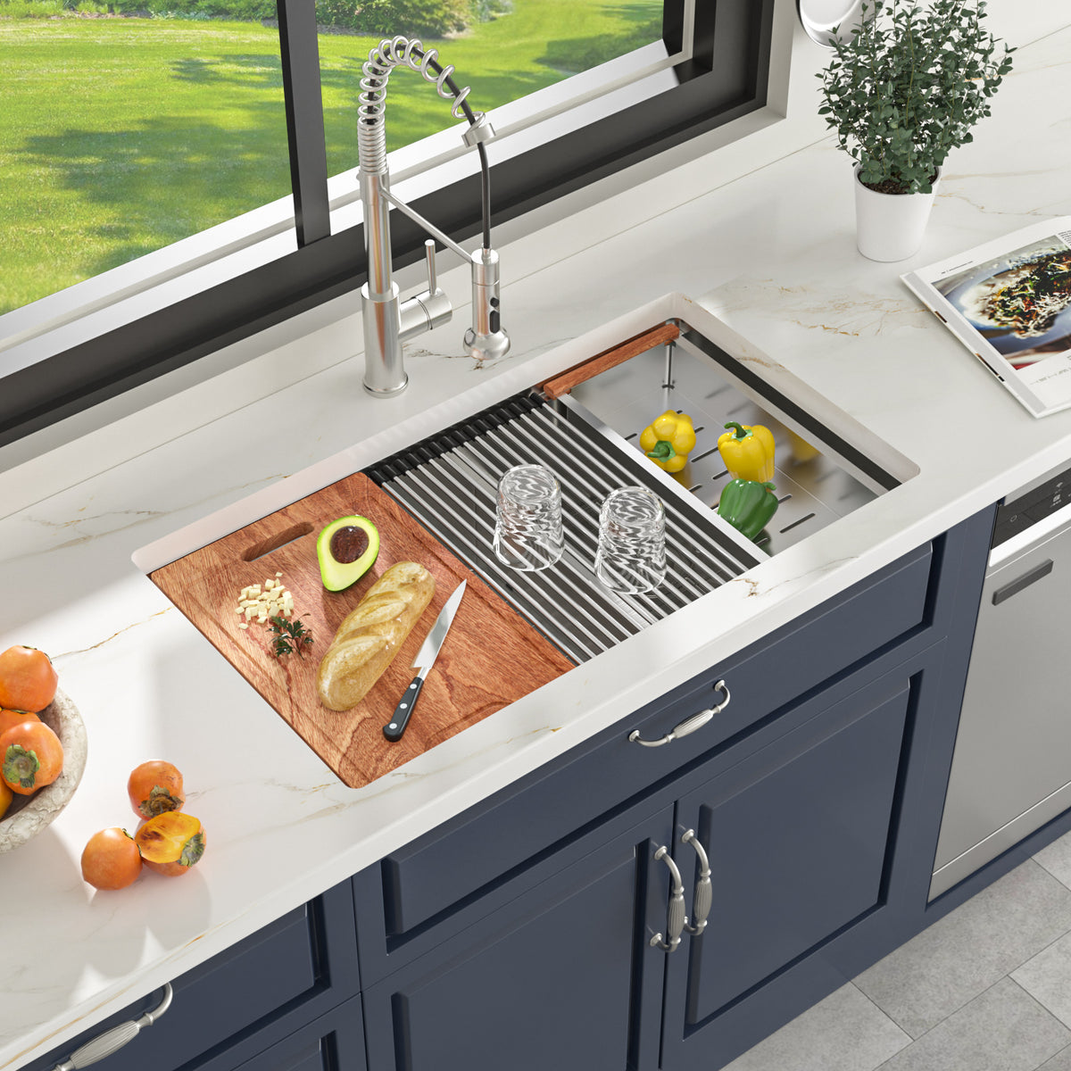 Sarlai 33'' Undermount Kitchen Sink - 60/40 Double Bowl Workstation with Low Divide
