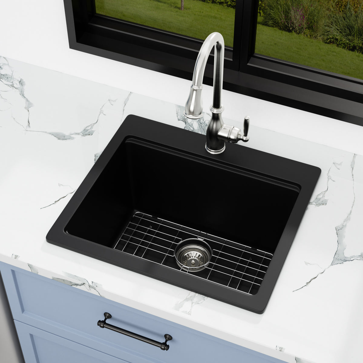 Sarlai 23''x20''Drop-In Quartz Laundry Sink Black Granite Composite Utility Workstation Sink