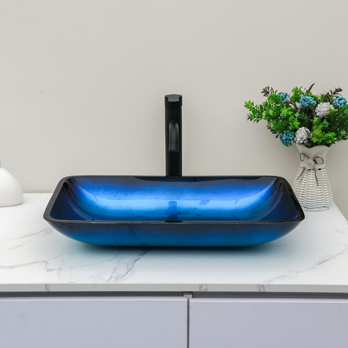 Sarlai 22''x14'' Rectangular Blue Tempered Glass Bathroom Vessel Sink with Black Pop Up Drain