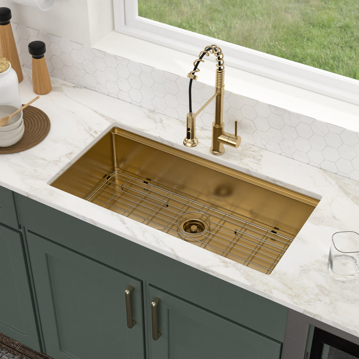 Sarlai 36''x19'' Gold Undermount Workstation Kitchen Sink Single Bowl Step Kitchen Sink