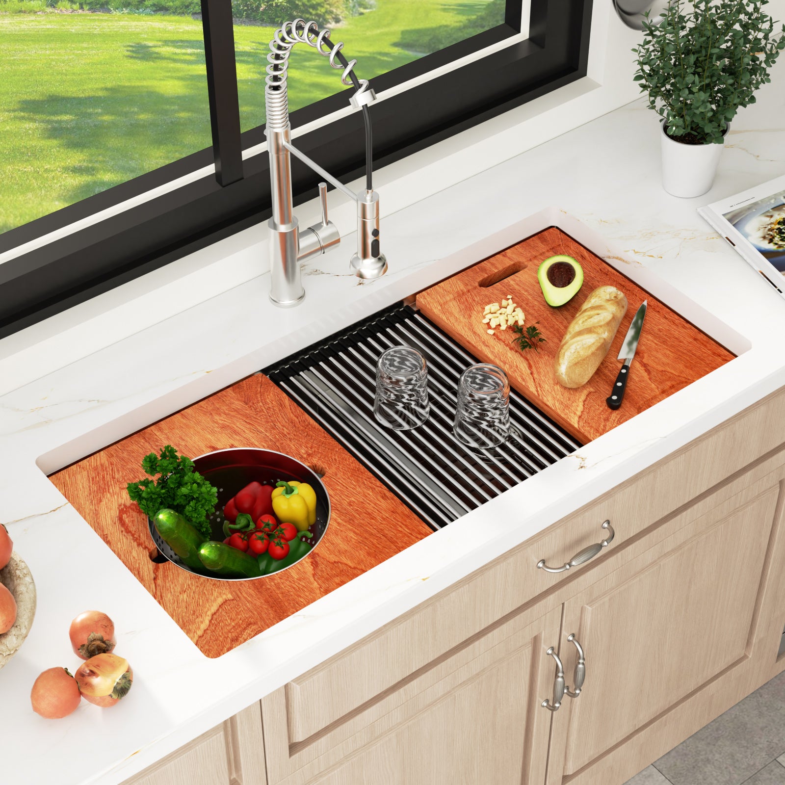 Sarlai 39'' Undermount Workstation Sink - 16 Gauge 50/50 Double Bowl with Salad Prep Bowls
