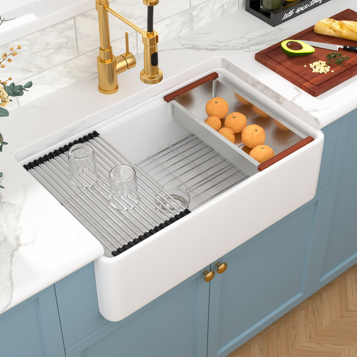 Sarlai 33 White Farmhouse Kitchen Sink - 33 x 20 Inch Farm Kitchen Sink Ledge Workstation White Ceramic Porcelain Fireclay Farmer Sinks Single Bowl Basin