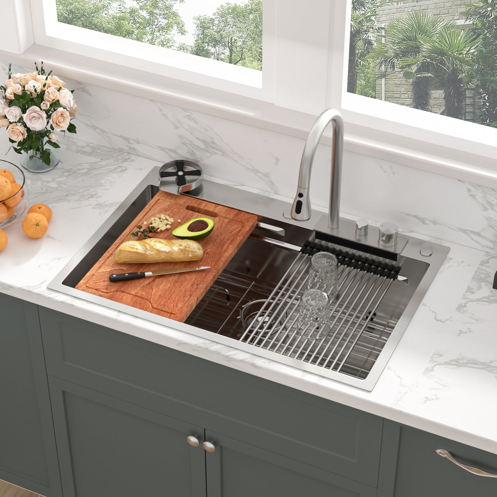 Sarlai 33'' x 22'' Stainless Steel Drop In Single Bowl Waterfall Workstation Kitchen Sink