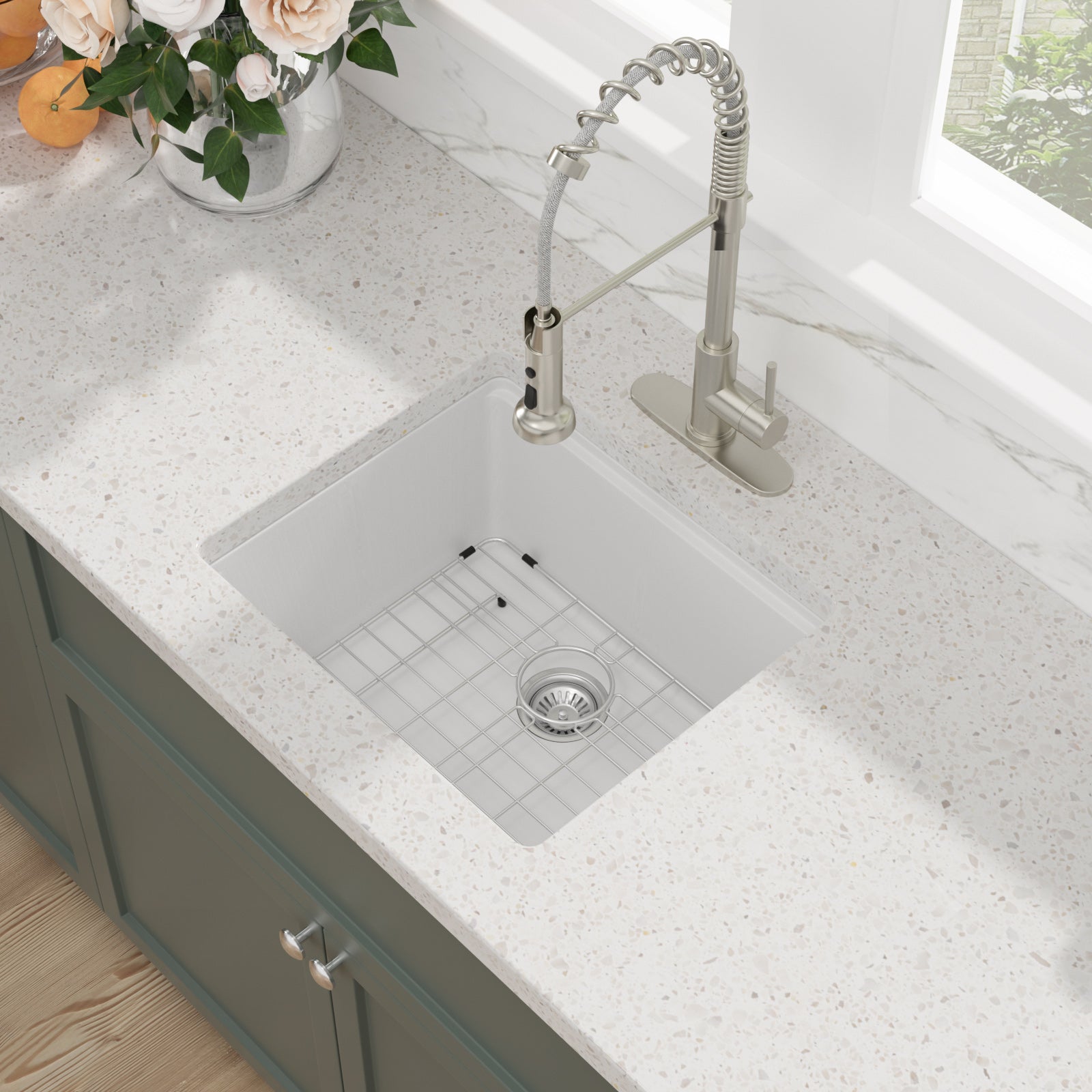 Sarlai 21'' White Quartz Composite Undermount Workstation Kitchen Sink Small Bar Prep