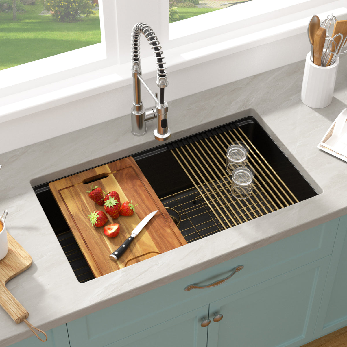 Sarlai 30in Black Quartz Composite Undermount Workstation Kitchen Sink