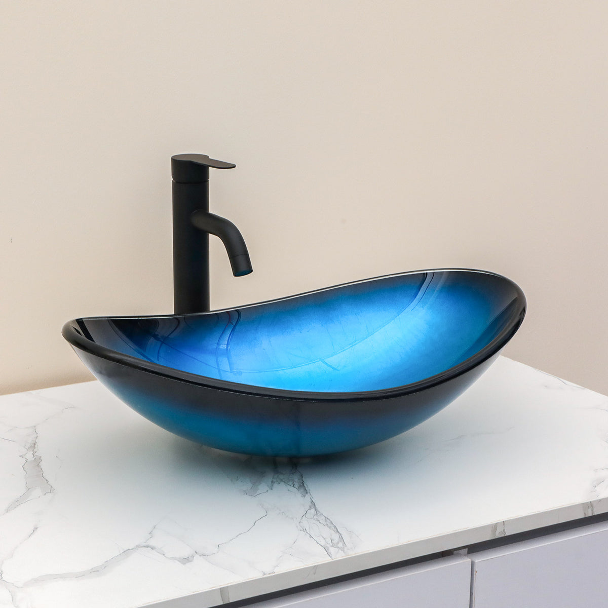 Sarlai 21''x13'' Curved Blue Tempered Glass Bathroom Vessel Sink with Black Pop Up Drain