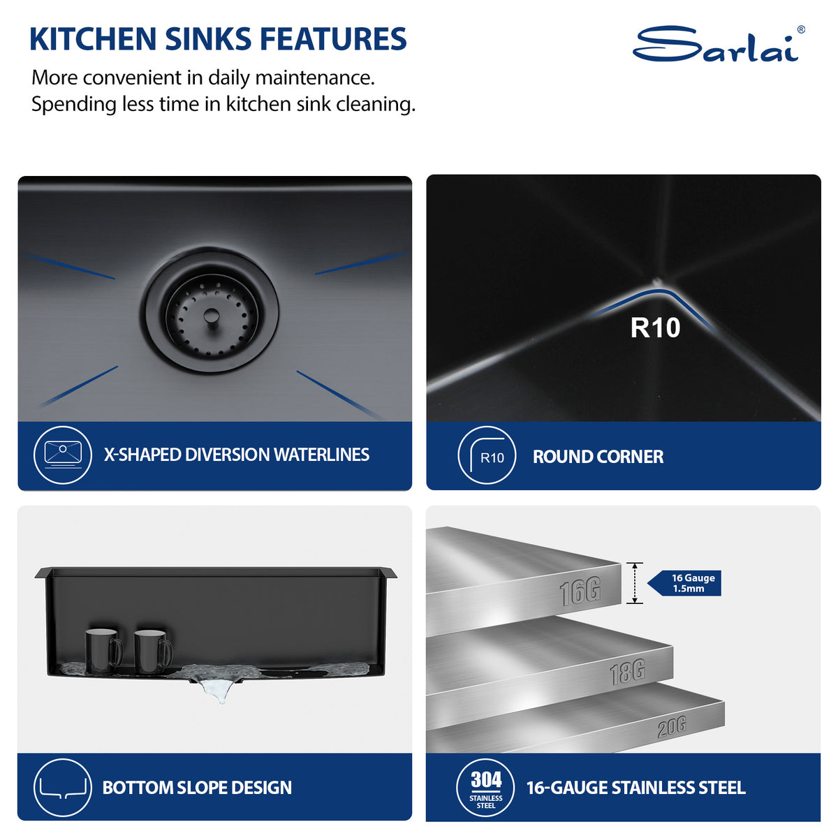 Sarlai 33''Matte Black Undermount Workstation Kitchen Sink 16 Gauge T304 Stainless Steel