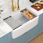 Sarlai 33''x21'' Inch White Curved Apron Fireclay Workstation Farmhouse Kitchen Sink Single Bowl