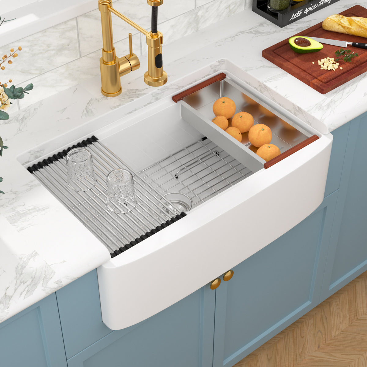 Sarlai 33''x20'' Inch White Curved Apron Fireclay Workstation Farmhouse Kitchen Sink Single Bowl