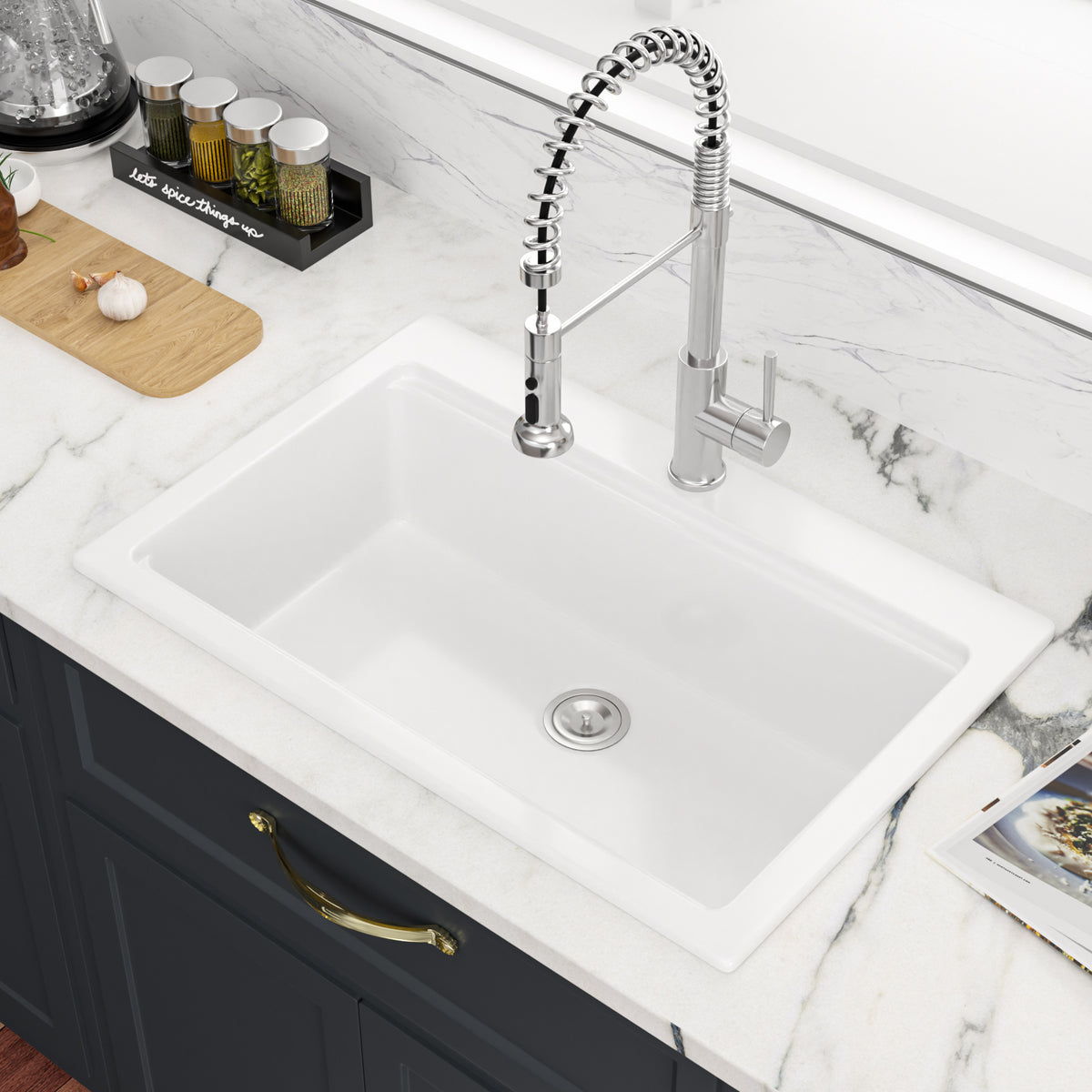 Sarlai 33'' White Ceramic Topmount Workstation Sink Brushed Accessories & Acacia Wood Cutting Board