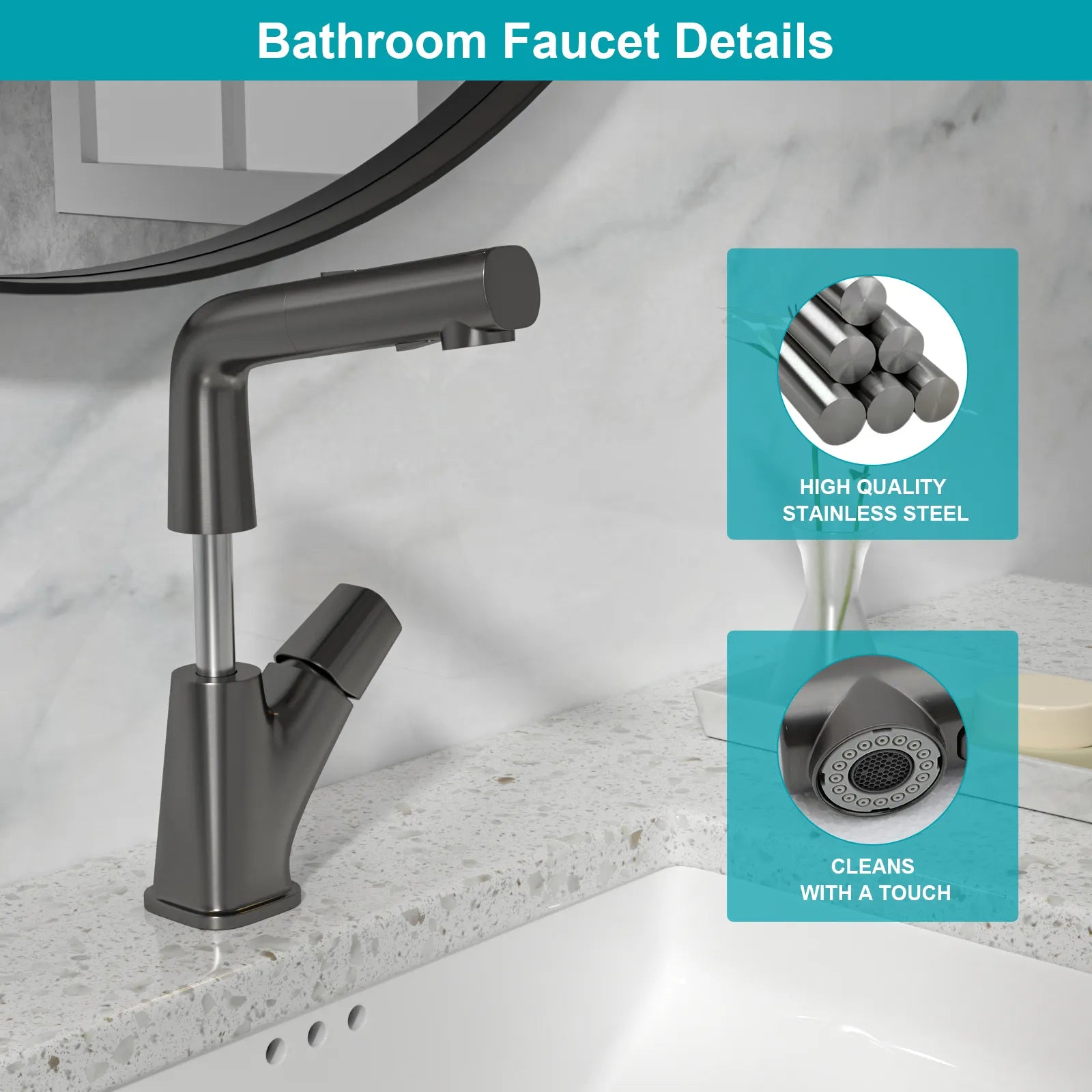 Sarlai 3 Modes 360° Rotating Pull Down Sprayer Stainless Steel Bathroom Faucet
