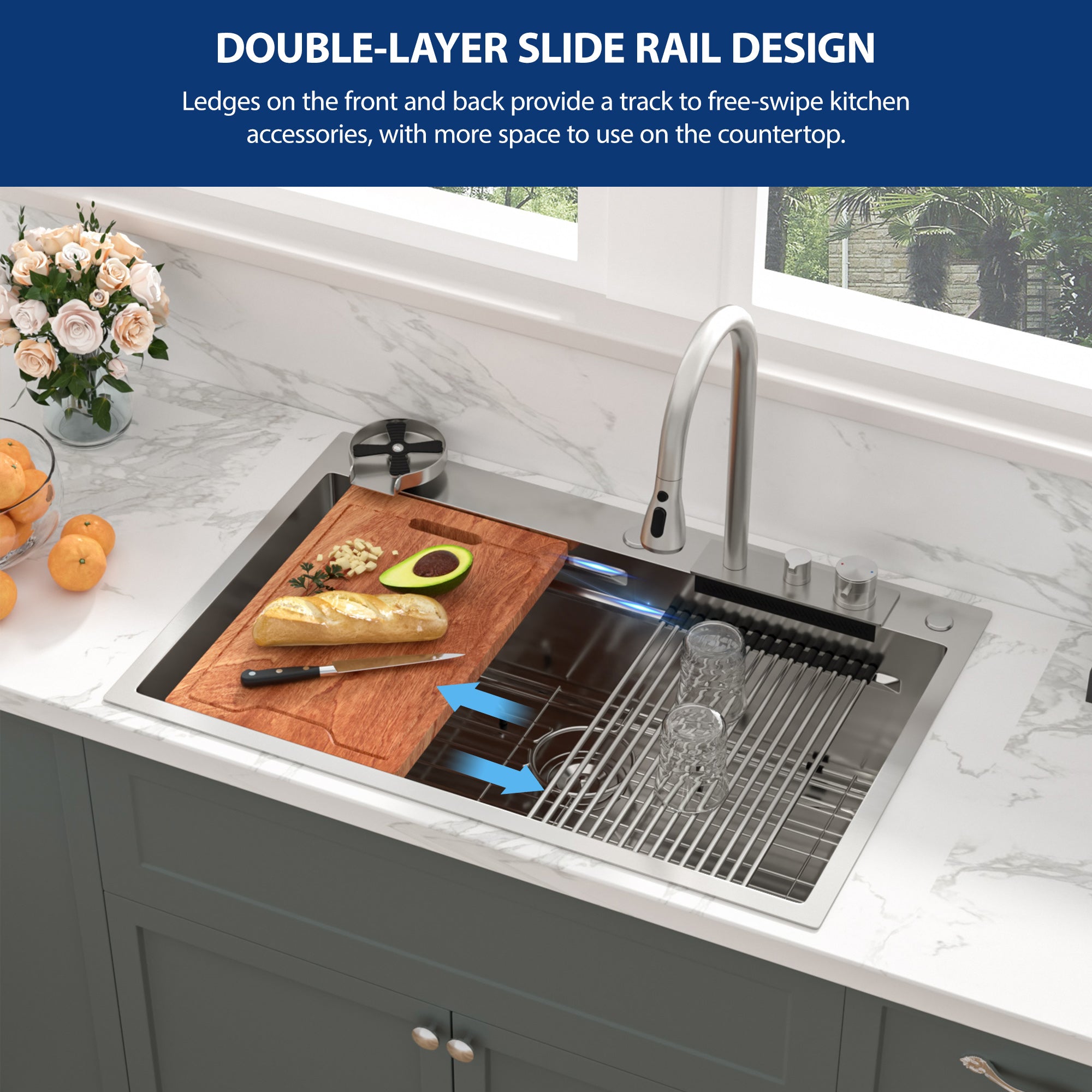 Sarlai 33'' x 22'' Stainless Steel Drop In Single Bowl Waterfall Workstation Kitchen Sink