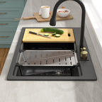 Sarlai 33'' x 22'' Black Quartz Drop-in Waterfall Single Bowl Workstation Kitchen Sink