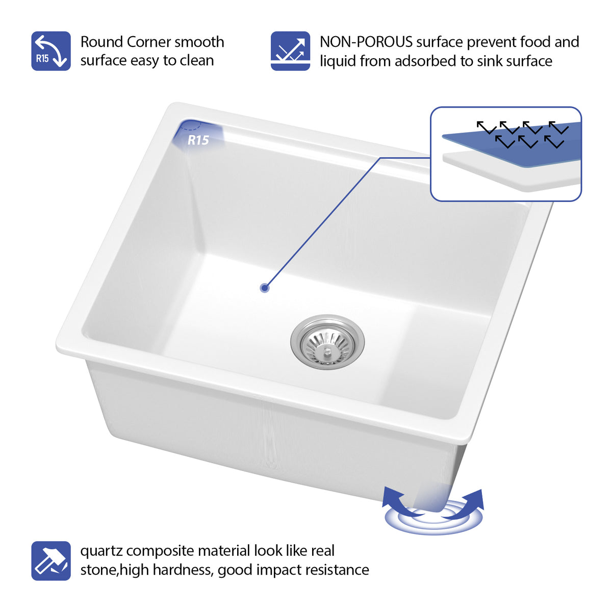 Sarlai 21'' White Quartz Composite Undermount Workstation Kitchen Sink Small Bar Prep