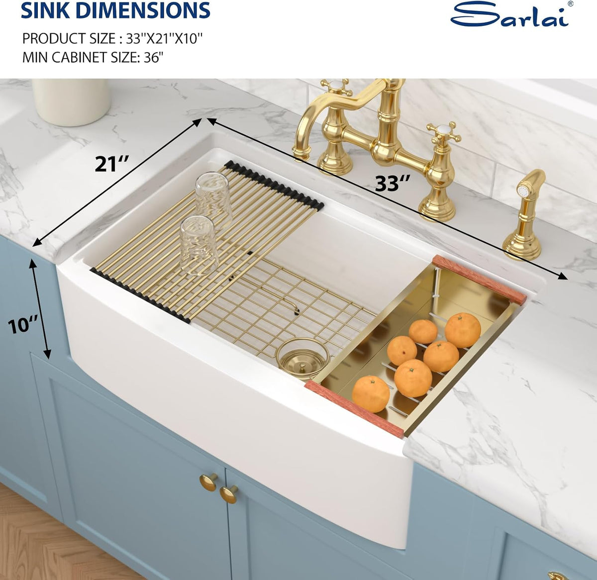 Sarlai 33 Inch White Curved Apron Fireclay Workstation Farmhouse Kitchen Sink with Gold Fixtures