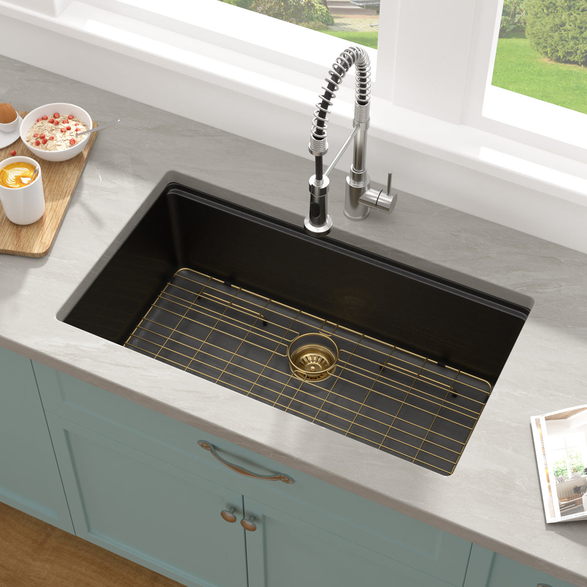 Sarlai 30in Black Quartz Composite Undermount Workstation Kitchen Sink