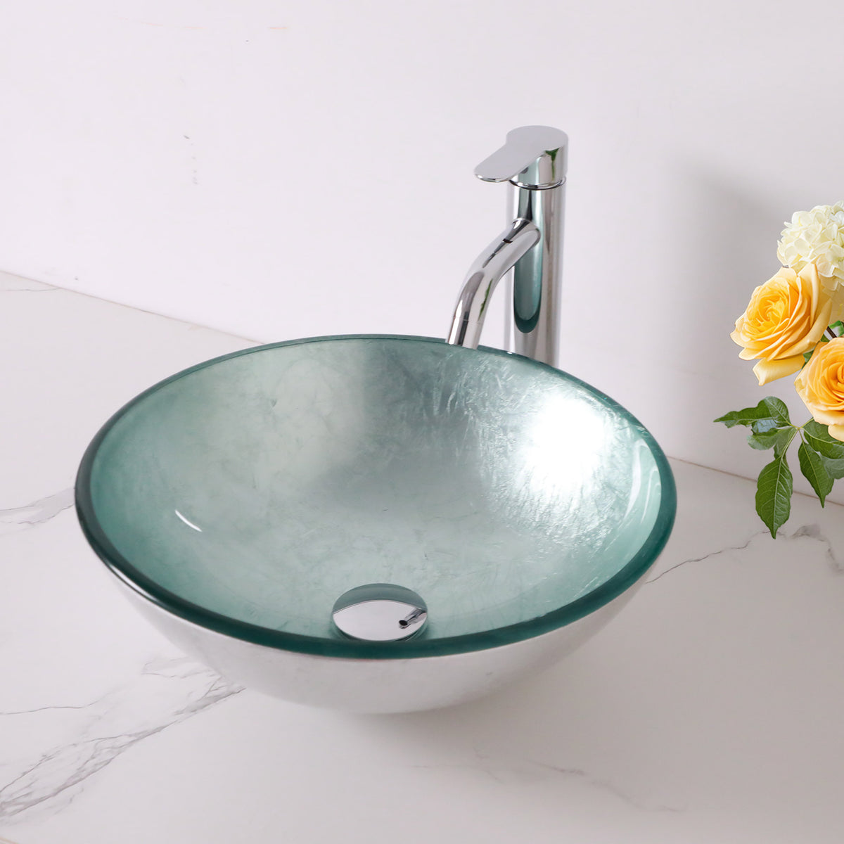Sarlai 16 Inch Round Silver Foil Tempered Glass Vessel Sink Above Counter Bathroom Basin