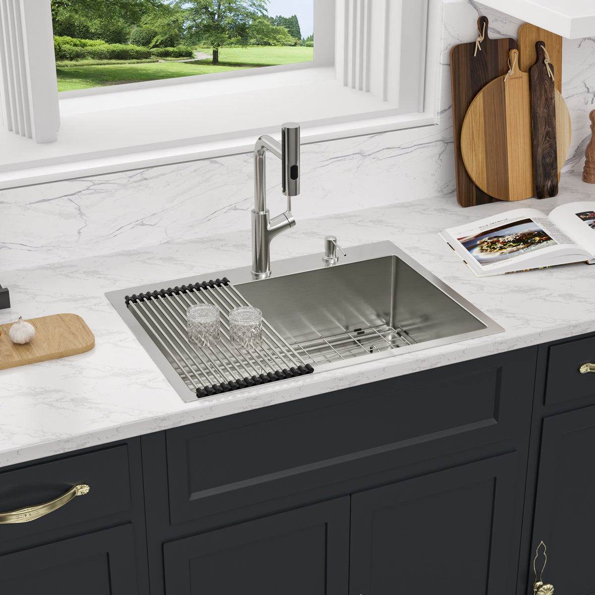 Sarlai 33'' x 22'' Drop In Workstation Kitchen Sink Single Bowl 16 Gauge SUS304 Stainless Steel Topmount Sink with Pull Out Faucet