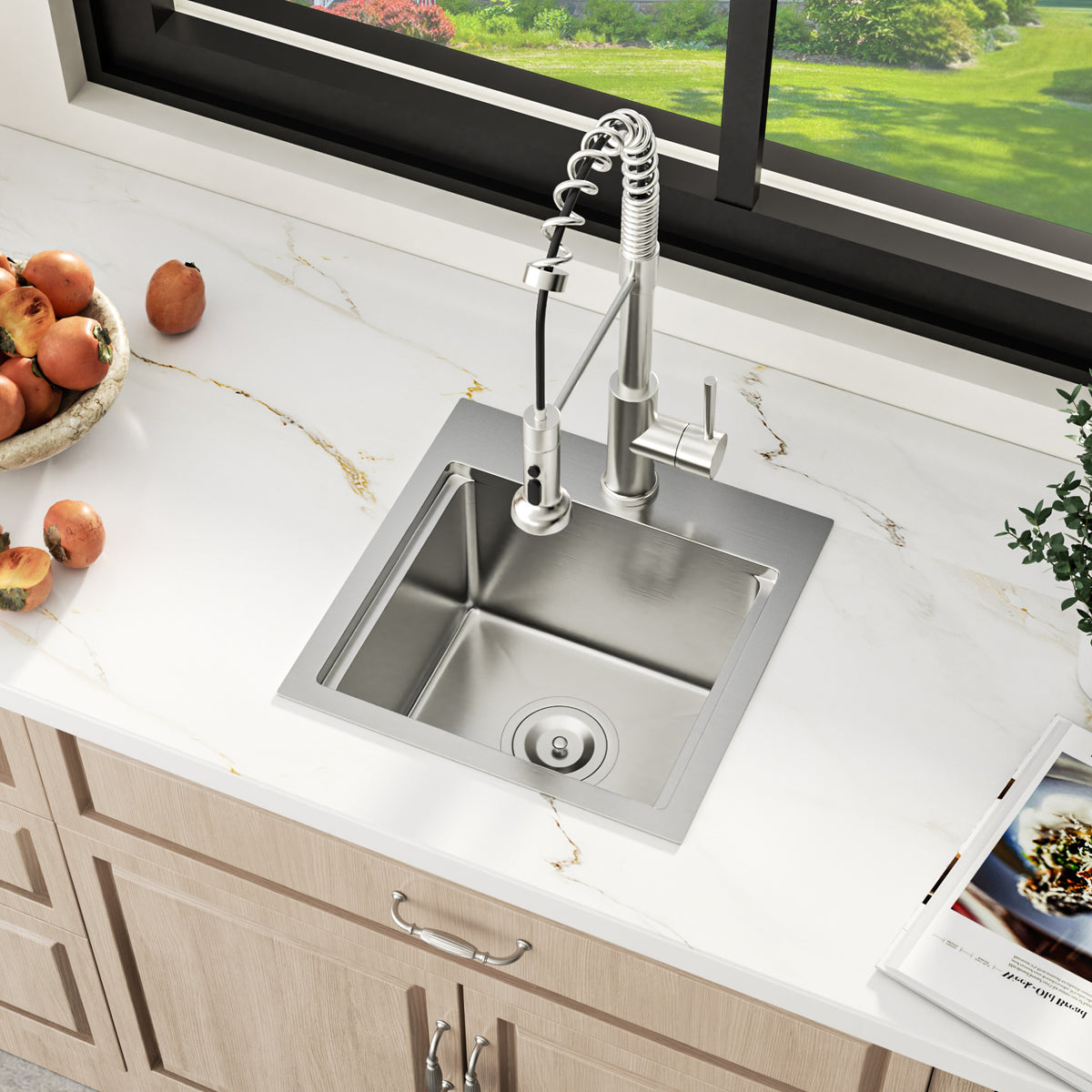 Sarlai 15''x15'' Drop In Workstation Bar Sink 16 Gauge SUS304 Stainless Steel Single Bowl Topmount Prep Sink with Accessories