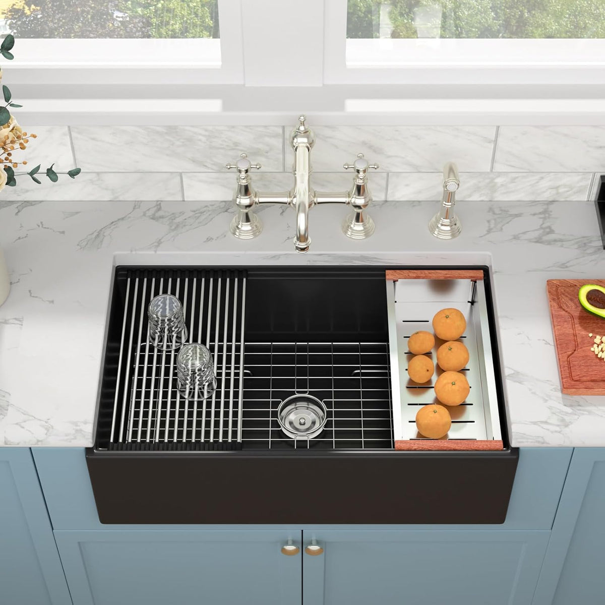 Sarlai 33''x20'' Black Reversible Apron Fireclay Workstation Farmhouse Sink