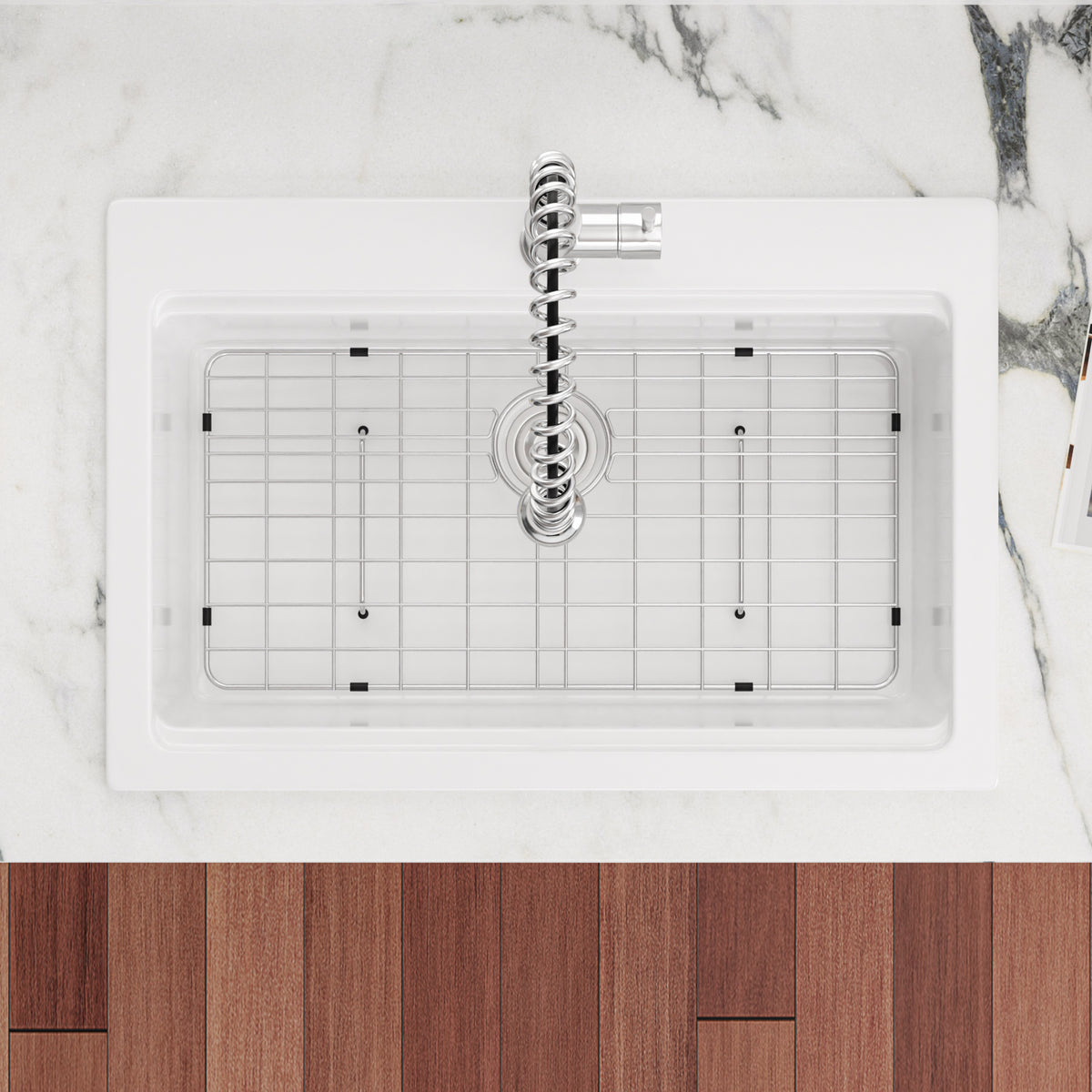 Sarlai 33'' White Ceramic Topmount Workstation Sink Brushed Accessories & Acacia Wood Cutting Board