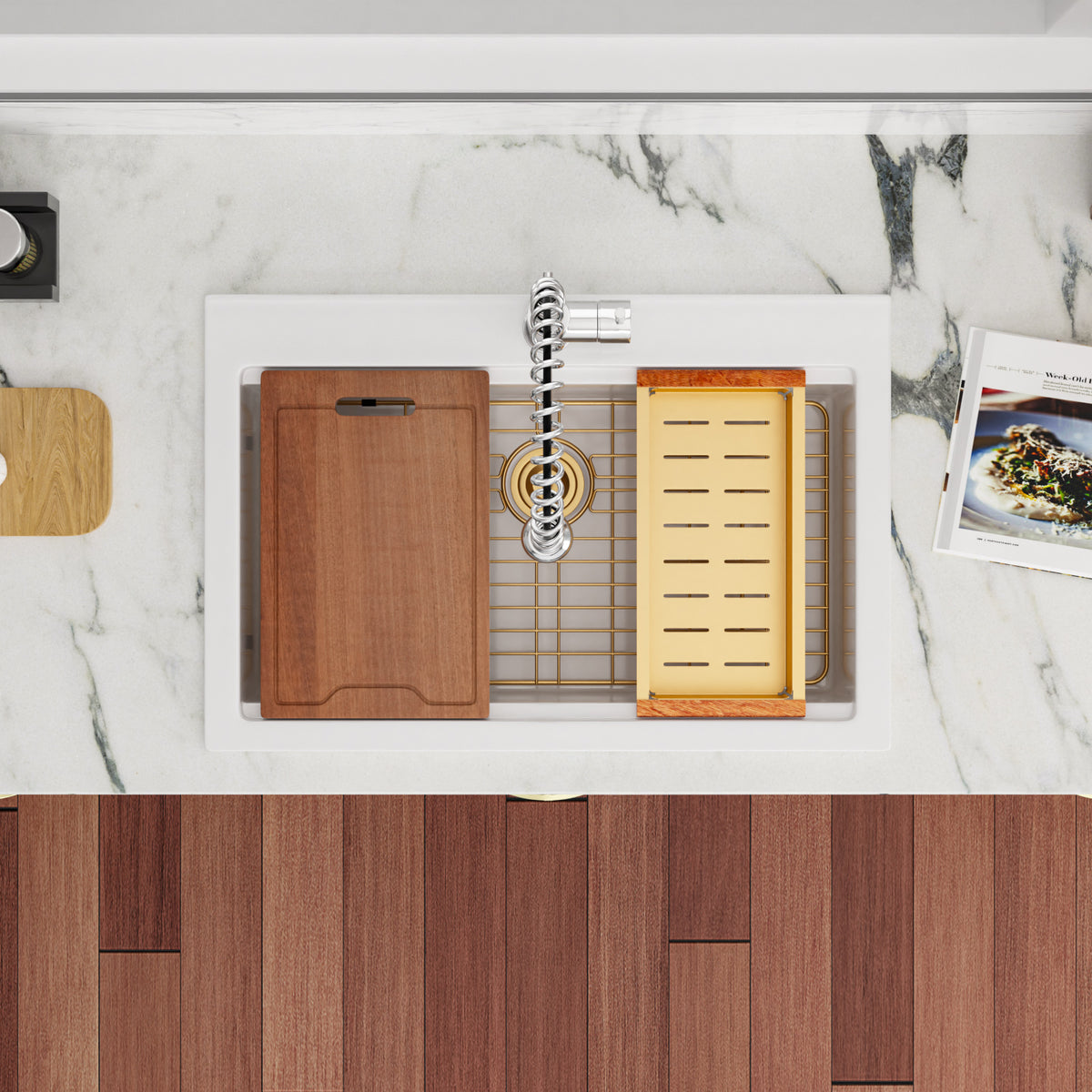 Sarlai 33''x22'' White Ceramic Topmount Workstation Sink With Gold Accessories & Wood Cutting Board