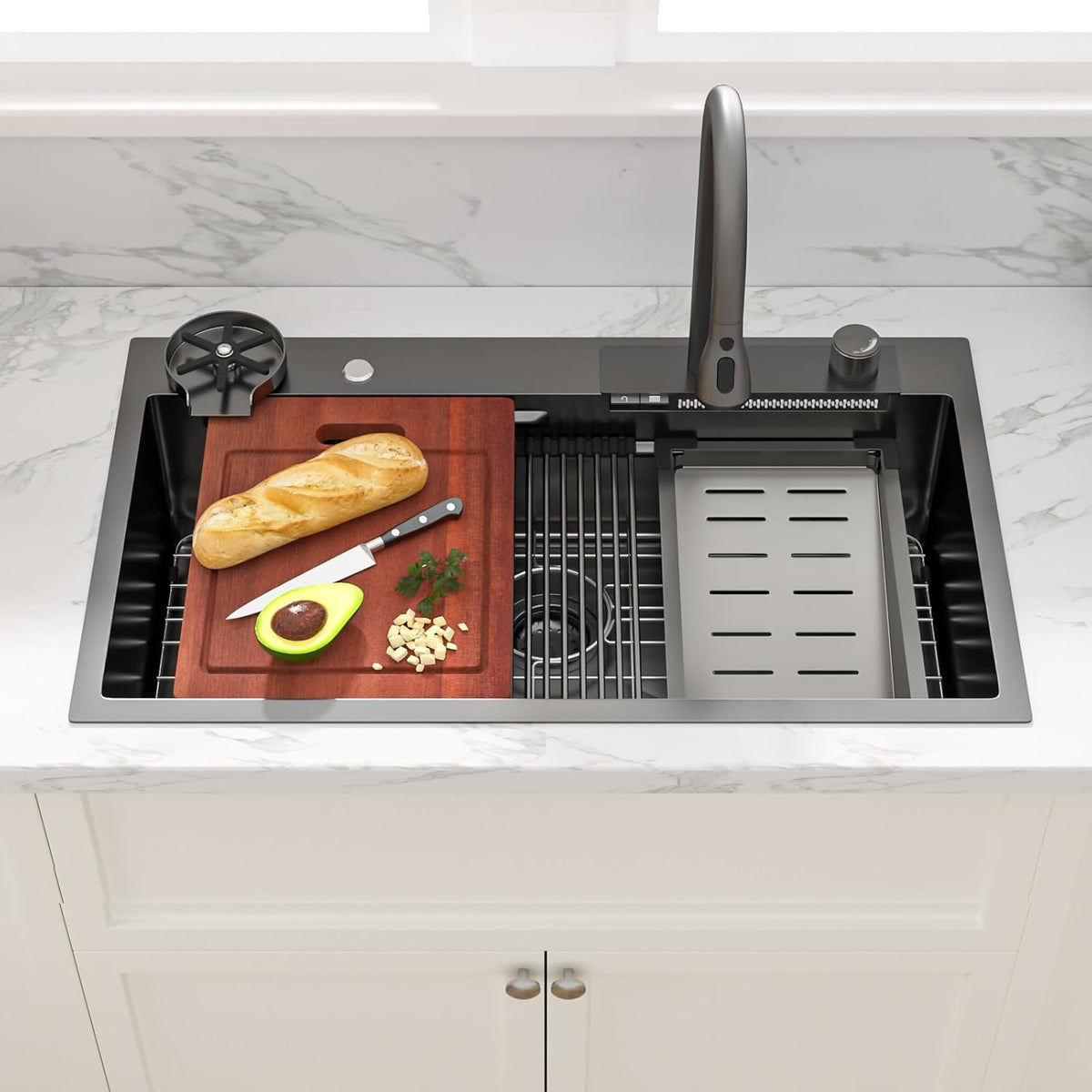 Sarlai 33 Inch Gunmetal Black Waterfall Workstation Drop In Kitchen Sink with Faucet & Glass Rinser