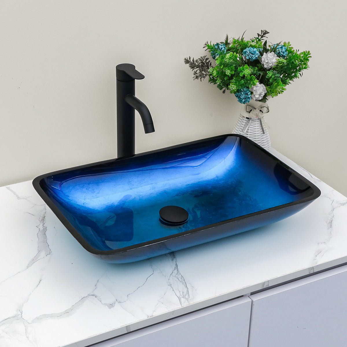 Sarlai 22''x14'' Rectangular Blue Tempered Glass Bathroom Vessel Sink with Black Pop Up Drain