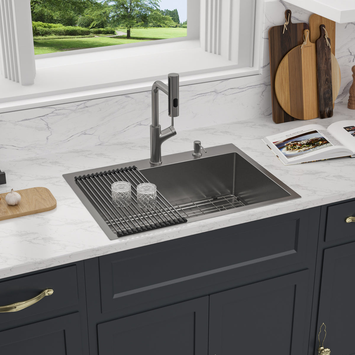 Sarlai 30''x22''Drop In Workstation Kitchen Sink 16 Gauge SUS304 Stainless Steel Single Bowl Topmount Sink with Pull Out Faucet & Soap Dispenser