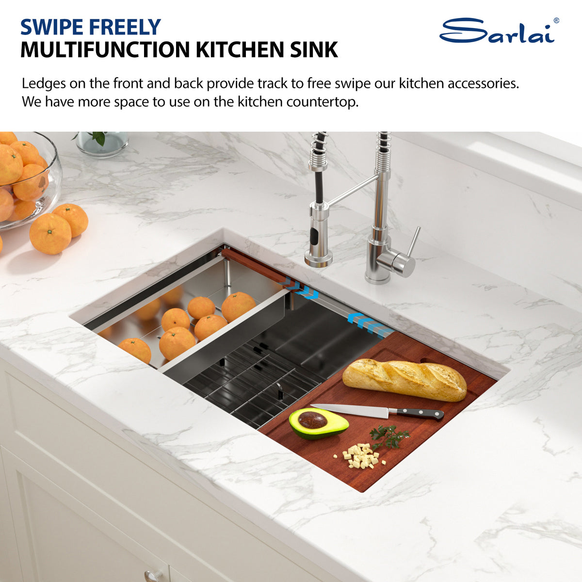 Sarlai 33 Inch Undermount Workstation Kitchen Sink 16 Gauge T304 Stainless Steel Single Bowl Sink