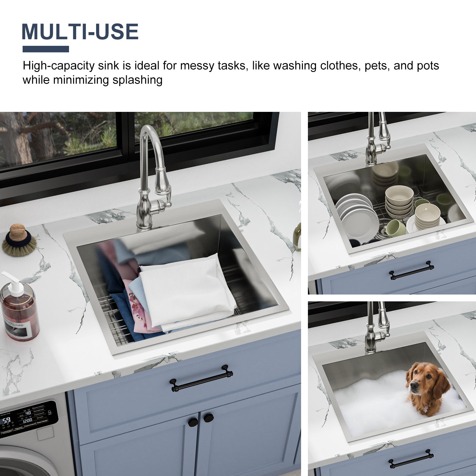 Sarlai 22'' Drop-In Laundry & Utility Kitchen Sink - 16 Gauge T304 Stainless Steel 22'' x 22'' x 12''