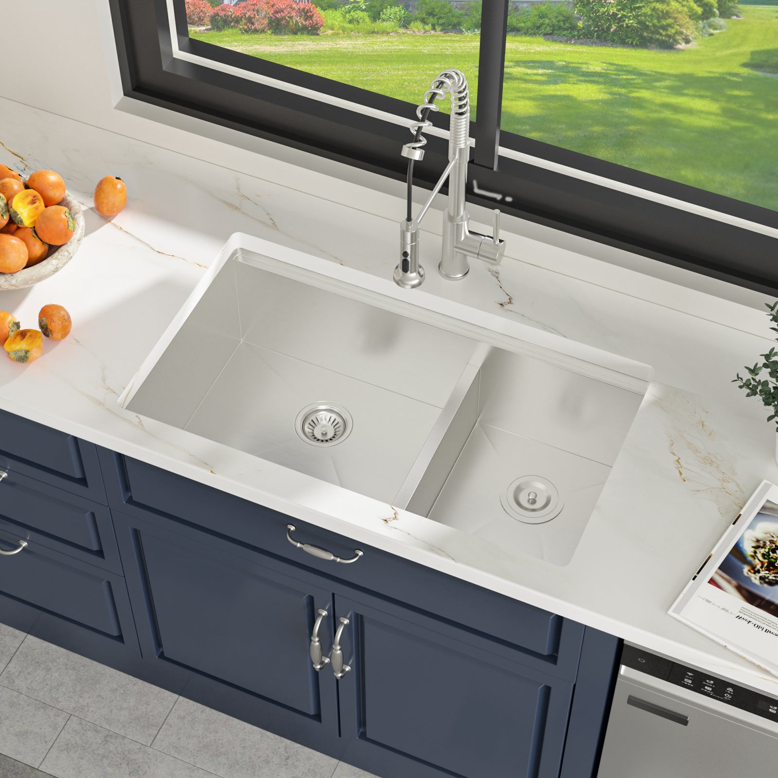 Sarlai 33'' Undermount Kitchen Sink - 60/40 Double Bowl Workstation with Low Divide