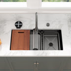 Sarlai 33'' Gunmetal Black Waterfall Workstation Sink - 16 Gauge Undermount Single Bowl with Pull-Down Faucet