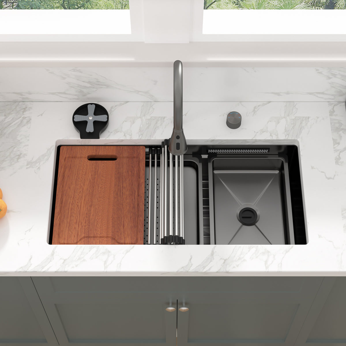 Sarlai 33‘’ Gunmetal Black Waterfall Workstation Sink - 16 Gauge Undermount Single Bowl with Pull-Down Faucet