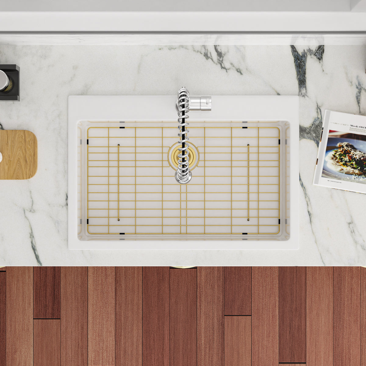 Sarlai 30''x22''White Ceramic Topmount Single Bowl Kitchen Sink With Gold Drain & Bottom Grid