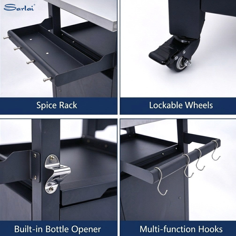 Sarlai Outdoor Prep Cart with Stainless Steel Top & Sliding Tray, Compact Single Door Grill Cart with Side Racks & Waterproof Cover