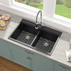 Sarlai 33" Drop-In Black Quartz Composite Workstation Kitchen Sink - 50/50 Double Bowl Low Divide Drop-In Topmount Granite Kitchen Sink with Cutting Board
