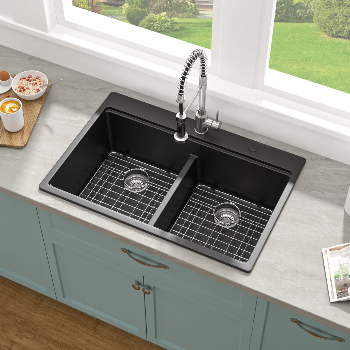 Sarlai 33" Drop-In Black Quartz Composite Workstation Kitchen Sink - 50/50 Double Bowl Low Divide Drop-In Topmount Granite Kitchen Sink with Cutting Board