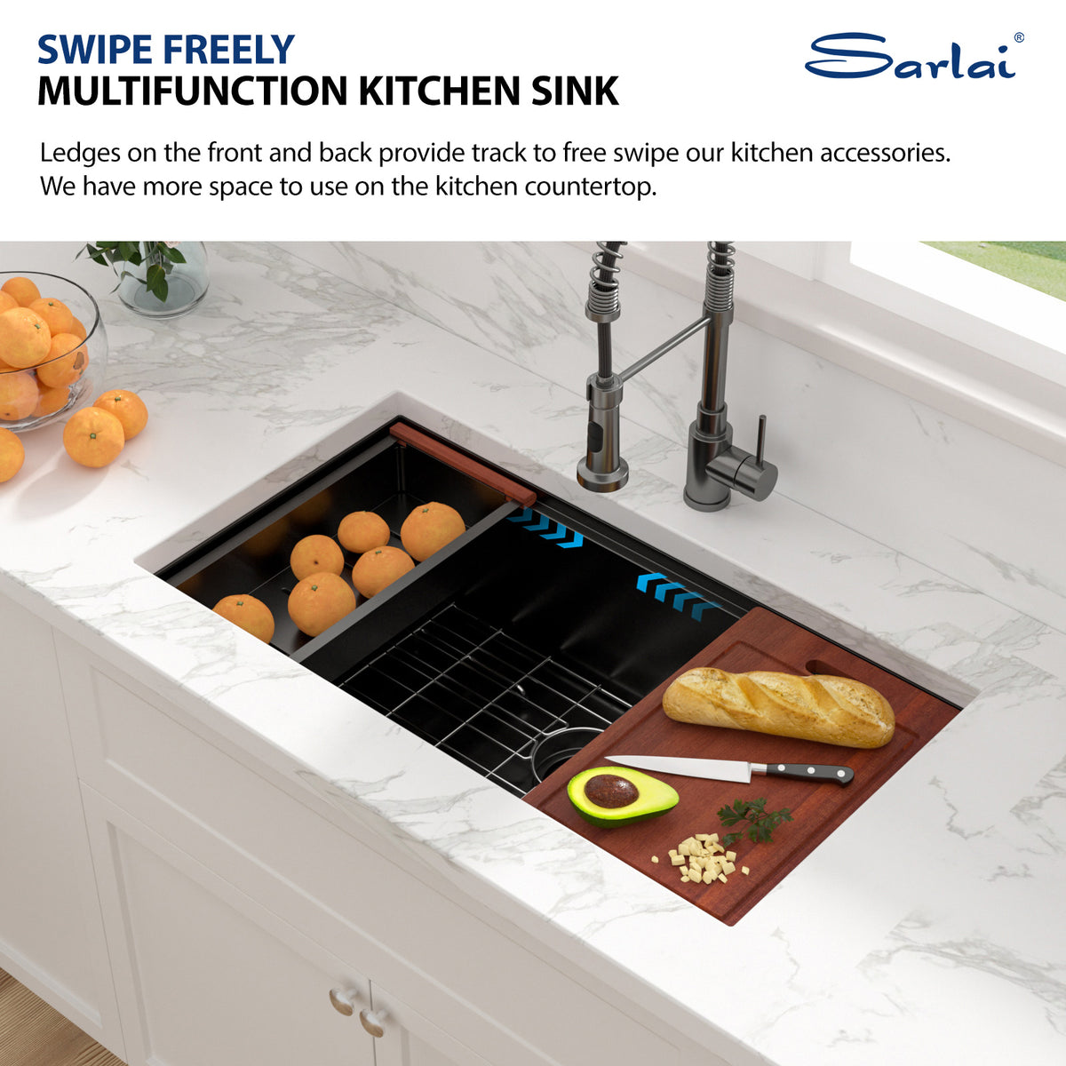 Sarlai 33''Matte Black Undermount Workstation Kitchen Sink 16 Gauge T304 Stainless Steel
