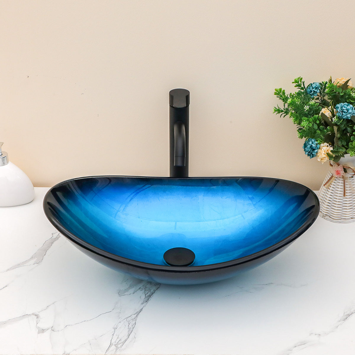 Sarlai 21''x13'' Curved Blue Tempered Glass Bathroom Vessel Sink with Black Pop Up Drain